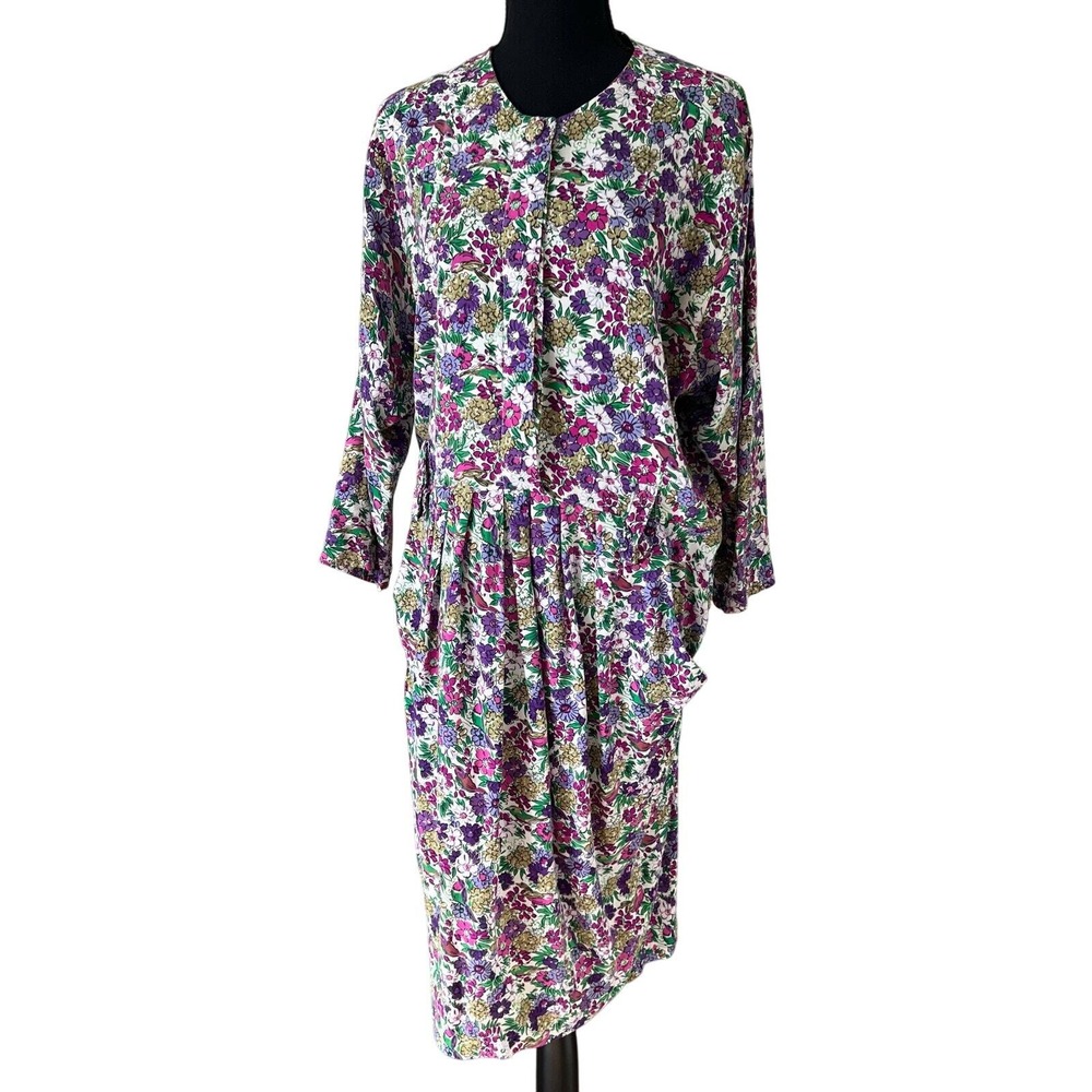 Evita Vintage Floral Midi Dress Rayon Button Front Dolman Sleeve Purple Pink 13